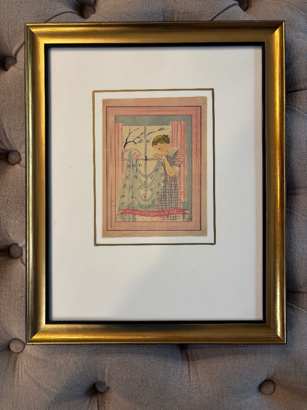 Vintage framed print of expecting mother titled "Mon premier né", MY FIRST BORN